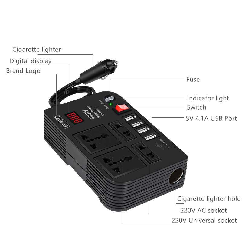 BYGD 300W Car Inverter DC 12V to AC 220V Converter Outlets 4 USB Fast Charging Universal Socket Power Adapter Inverter