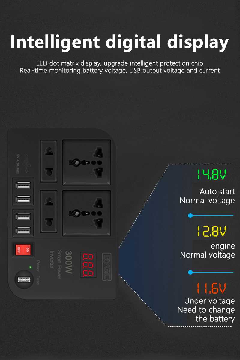 BYGD 300W Car Inverter DC 12V to AC 220V Converter Outlets 4 USB Fast Charging Universal Socket Power Adapter Inverter