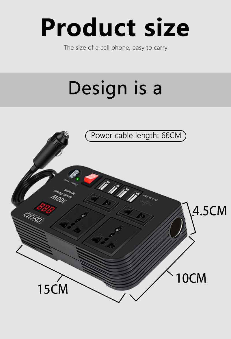 BYGD 300W Car Inverter DC 12V to AC 220V Converter Outlets 4 USB Fast Charging Universal Socket Power Adapter Inverter