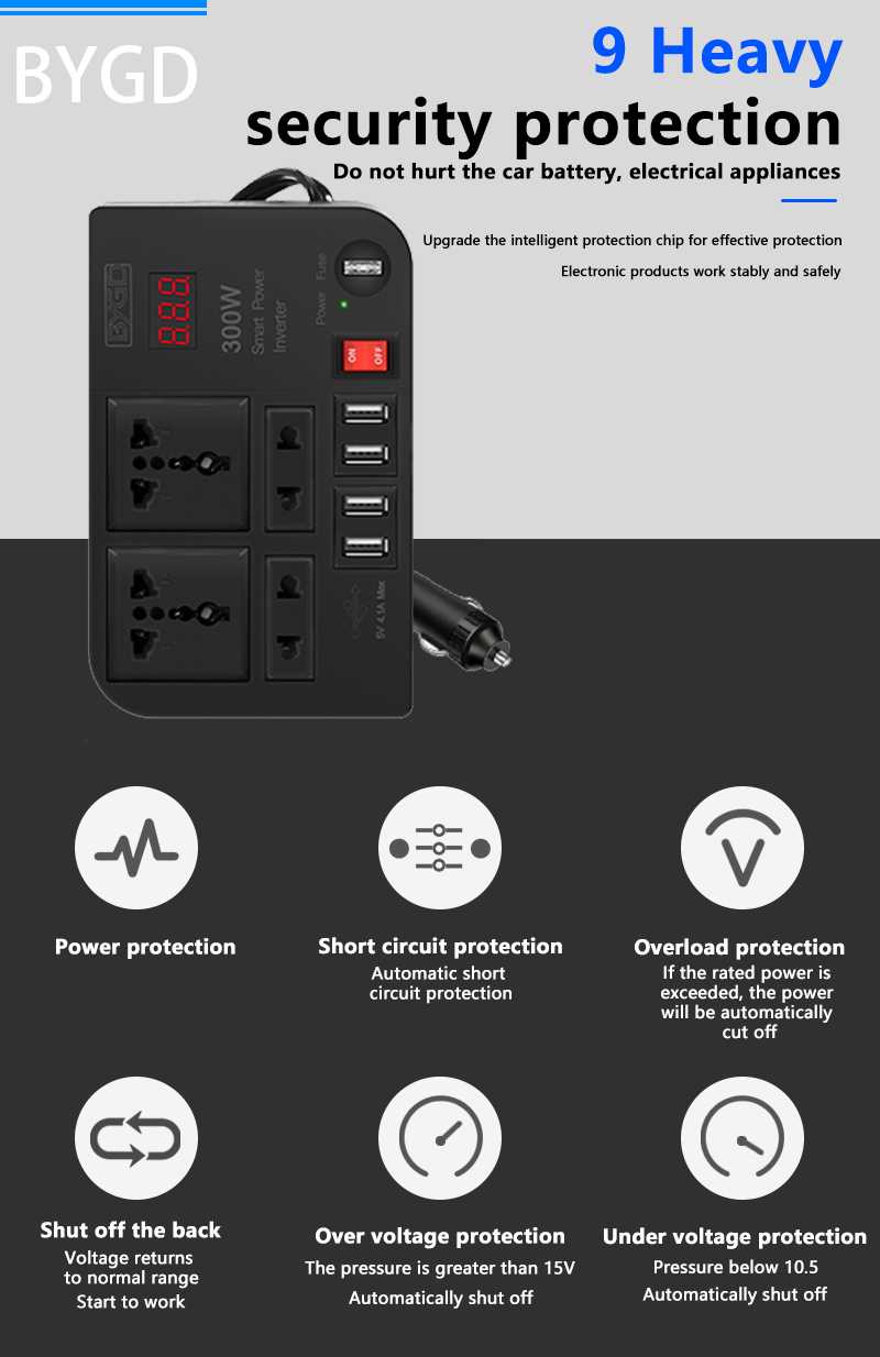 BYGD 300W Car Inverter DC 12V to AC 220V Converter Outlets 4 USB Fast Charging Universal Socket Power Adapter Inverter