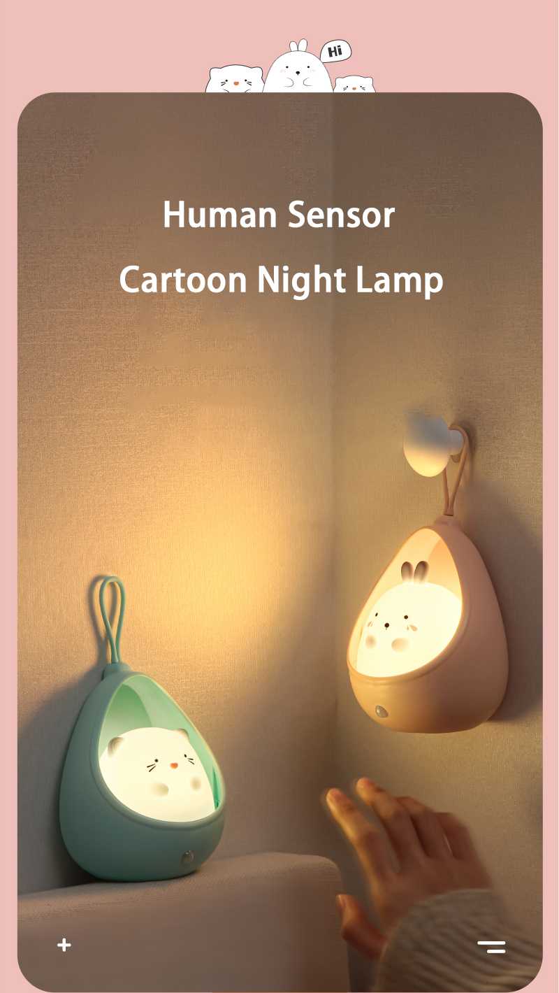 Cute Cartoon Cat Rabbit LED Night Light with Motion Sensor USB Rechargeable Silicone Night Lamp for Bedroom Kids Room Decor Gift