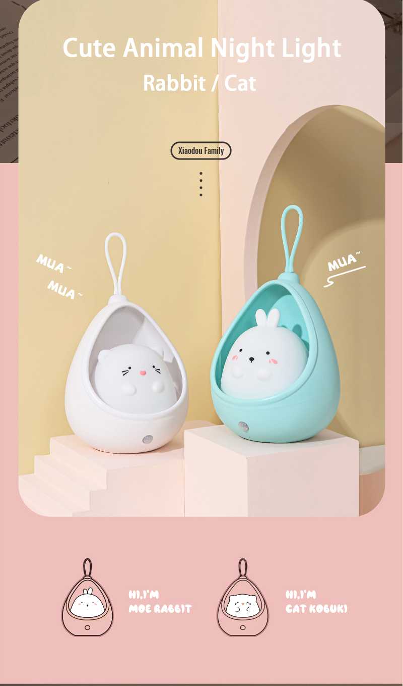 Cute Cartoon Cat Rabbit LED Night Light with Motion Sensor USB Rechargeable Silicone Night Lamp for Bedroom Kids Room Decor Gift