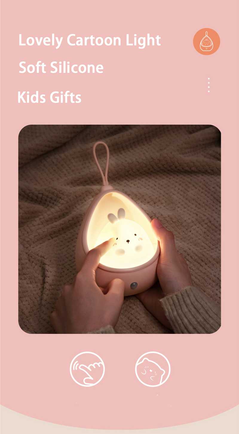 Cute Cartoon Cat Rabbit LED Night Light with Motion Sensor USB Rechargeable Silicone Night Lamp for Bedroom Kids Room Decor Gift