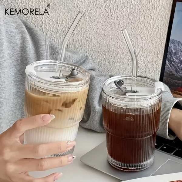 1/2pcs 450ml Stripe Glass Cup Transparent Glasses With Lid And Straw Ice Coffee Mug Tea Cup Juice Glass Milk Water Cup Drinkware