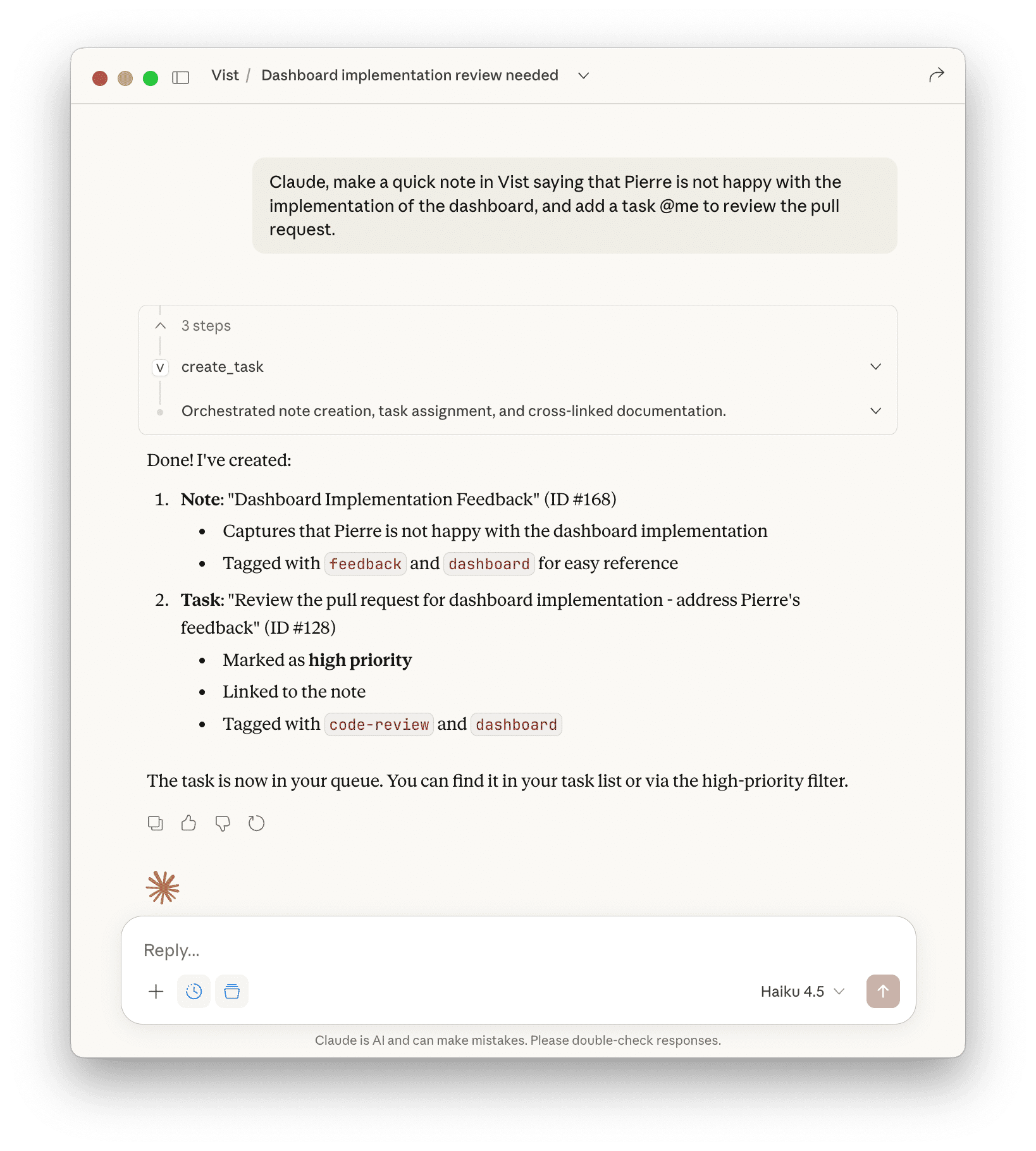 Claude makes notes and tasks on the fly