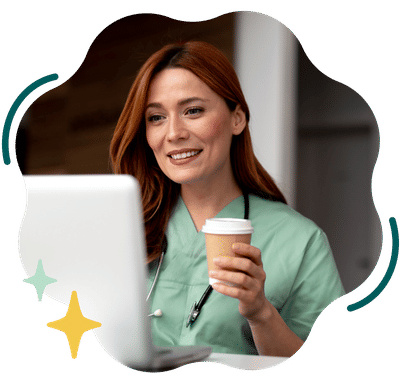 A smiling female healthcare provider in scrubs looking at a laptop while holding a coffee cup, framed in a wavy shape with star accents.