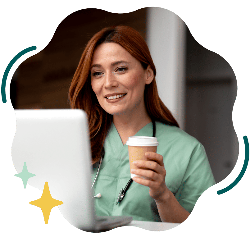 A smiling female healthcare provider in scrubs looking at a laptop while holding a coffee cup, framed in a wavy shape with star accents.