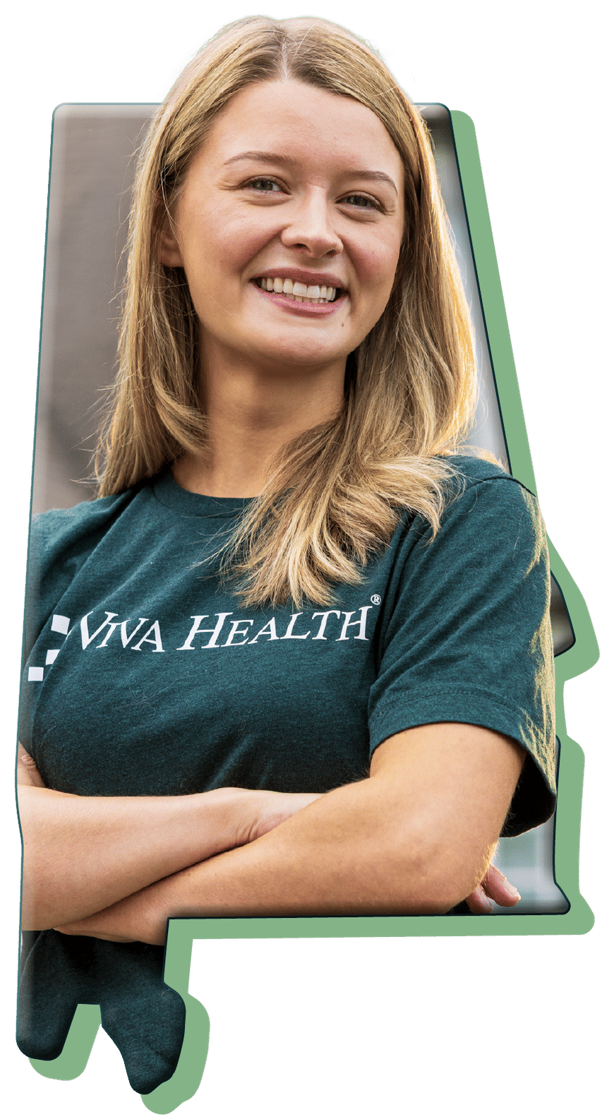 A smiling woman wearing a dark green Viva Health t-shirt, framed within the outline of the state of Alabama.