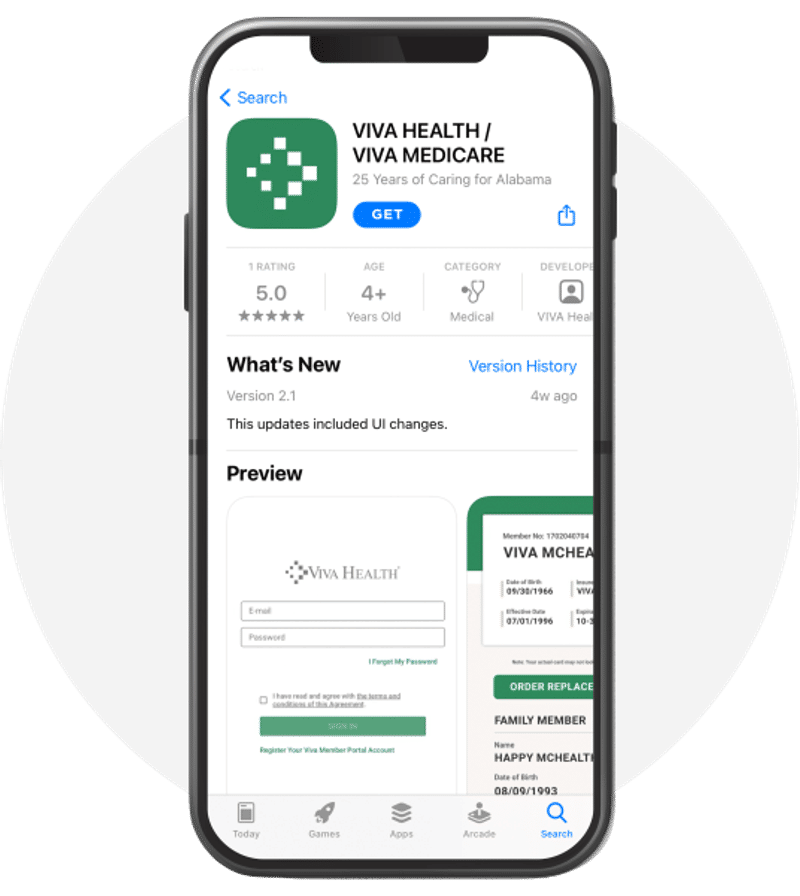 A smartphone displaying the app store listing for the Viva Health / Viva Medicare mobile app, showing its icon, details, and preview screenshots.