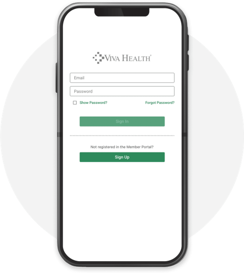 A smartphone displaying the Viva Health / Viva Medicare mobile app login screen, showing email and password fields, and buttons to sign in or sign up.