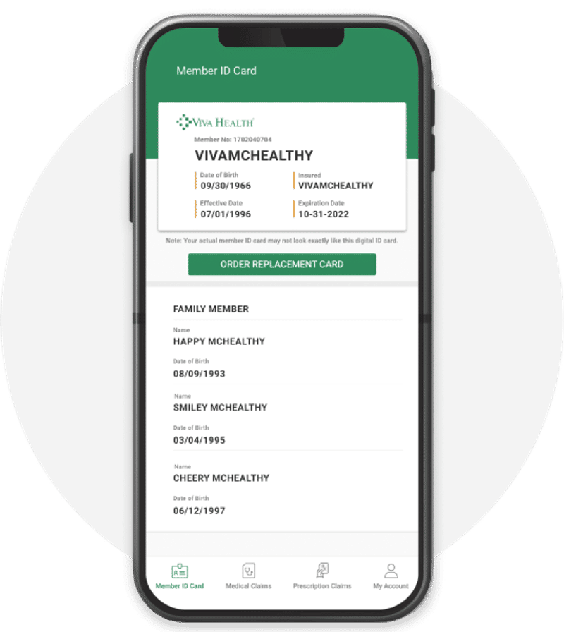 A smartphone displaying a digital Viva Health Member ID card and family member details within the Viva Health / Viva Medicare mobile app.