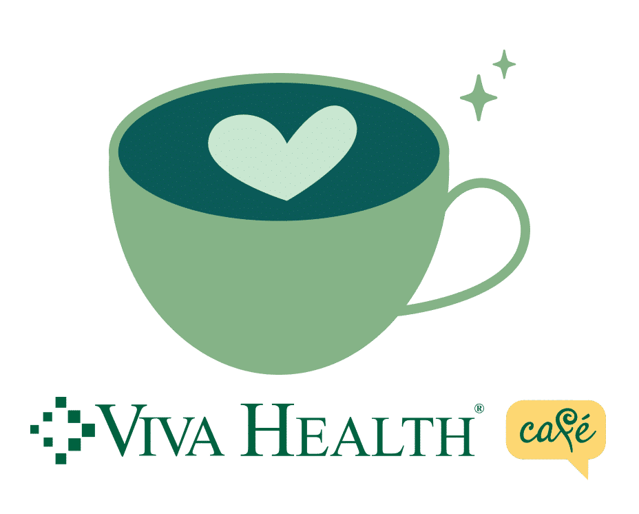 The Viva Health Café logo, featuring a graphic of a green coffee cup with a heart shape in the center above the logo.