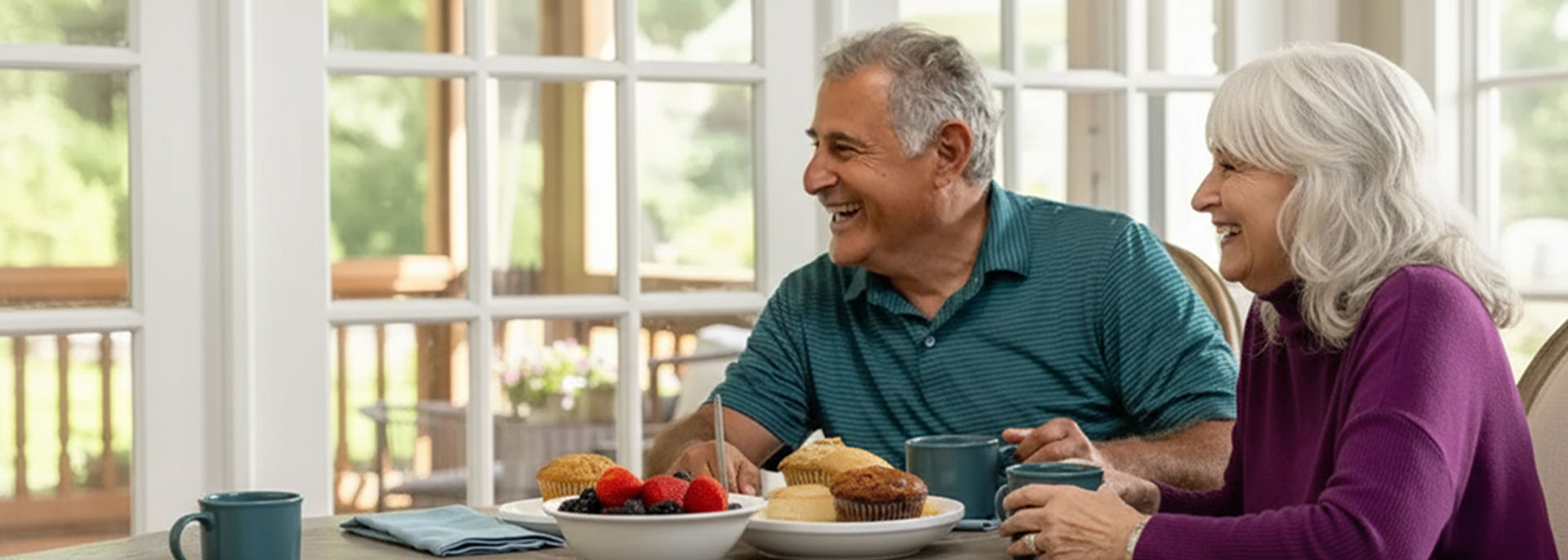An older couple smiling and laughing together over coffee and breakfast at a dining table near large windows.