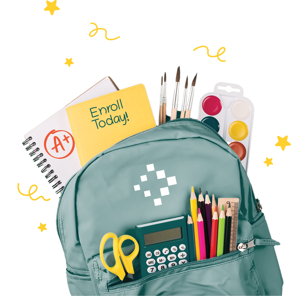 Viva backpack holding school supplies and a note with the text 'Enroll Today!'