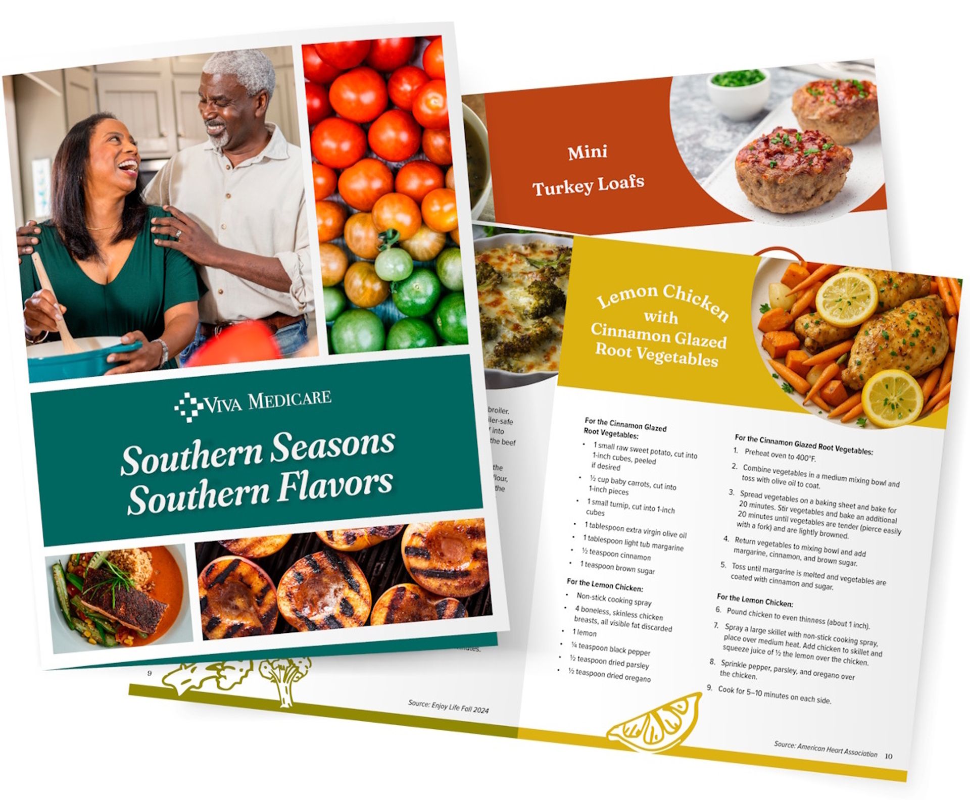 A display of a Viva Medicare recipe booklet titled 'Southern Seasons Southern Flavors,' featuring food photography, a recipe for Lemon Chicken, and a picture of two smiling members cooking together.