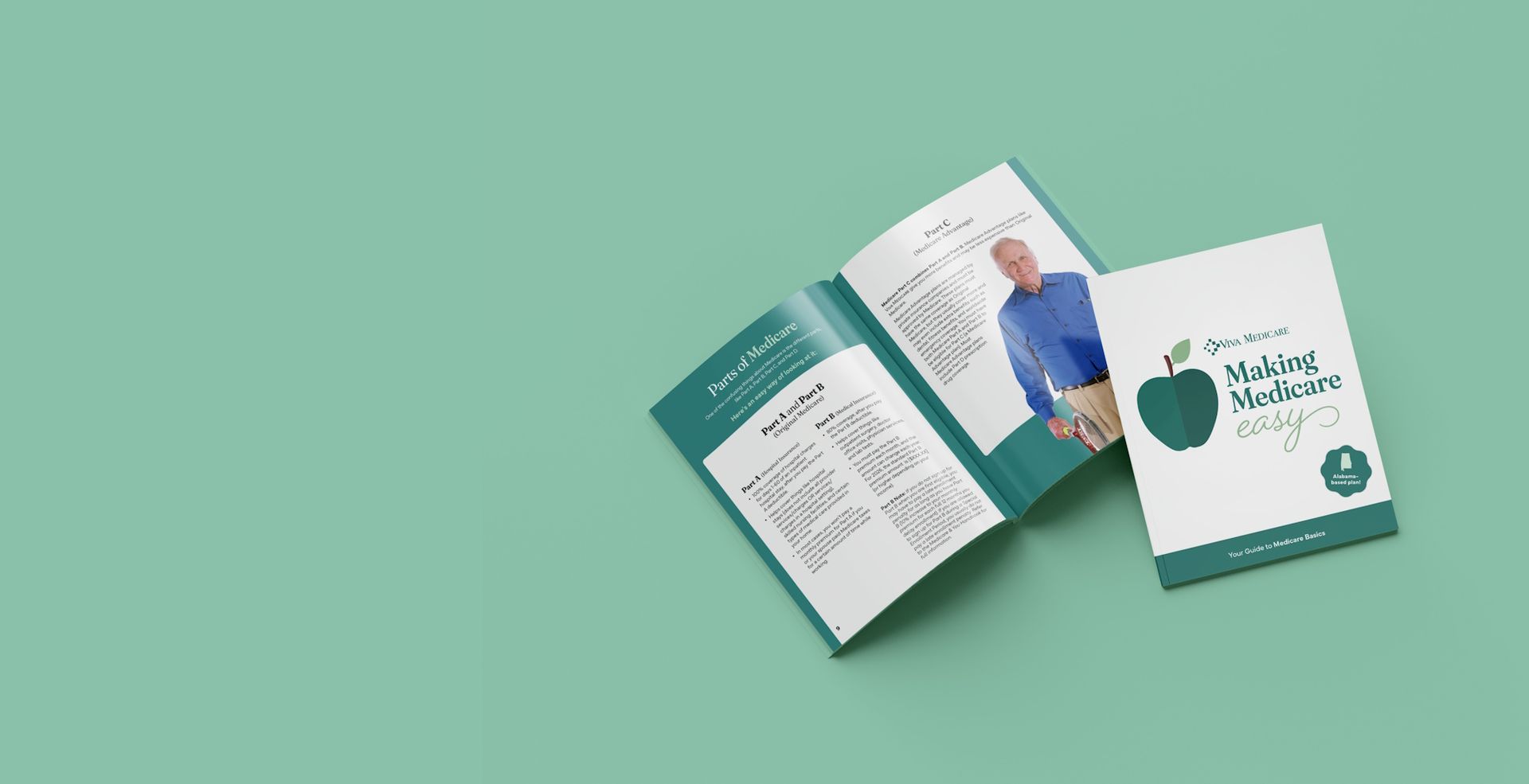 Two copies of a Viva Medicare brochure titled 'Making Medicare easy' resting on a light green background, with one open to a page explaining the 'Parts of Medicare' alongside a photo of a member, and the other closed showing the front cover.