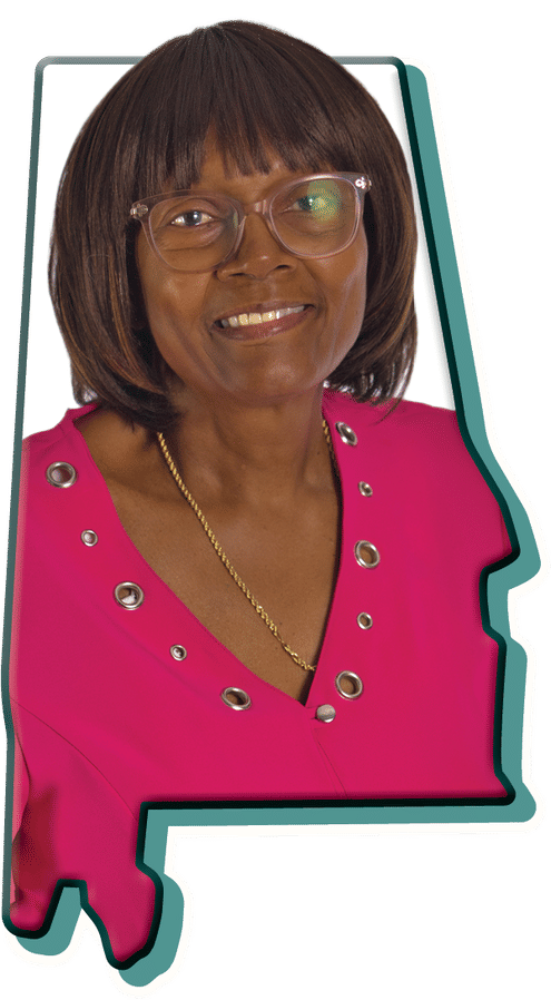 A portrait of a smiling member framed inside the outline of the state of Alabama.