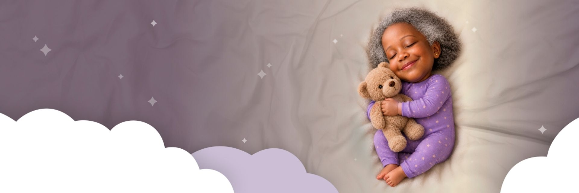 A person with the face and gray hair of an elderly woman on a baby's body, sleeping peacefully in purple pajamas while cuddling a teddy bear against a dreamy purple background with clouds and stars.