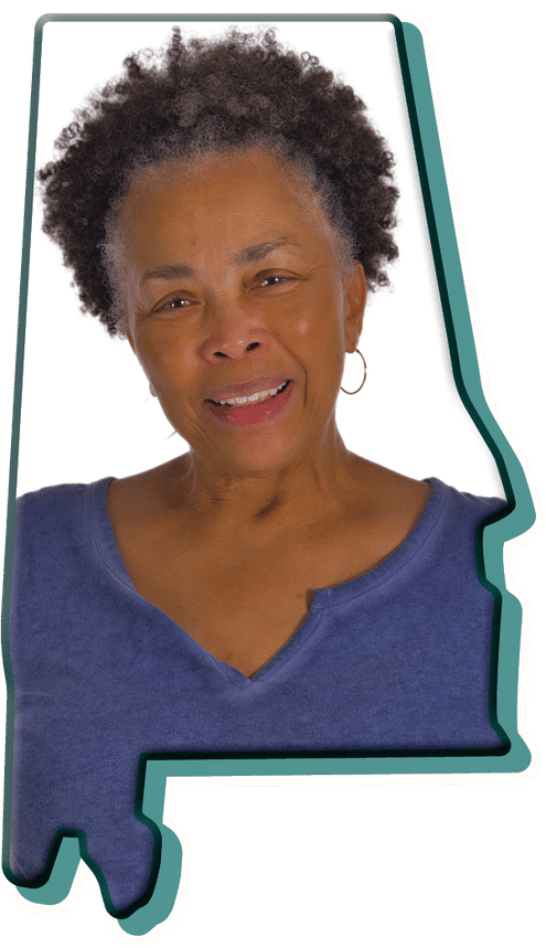 A portrait of a smiling member framed inside the outline of the state of Alabama.