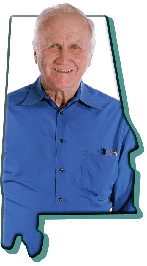 A portrait of a smiling member framed inside the outline of the state of Alabama.