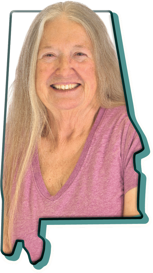 A portrait of a smiling member framed inside the outline of the state of Alabama.