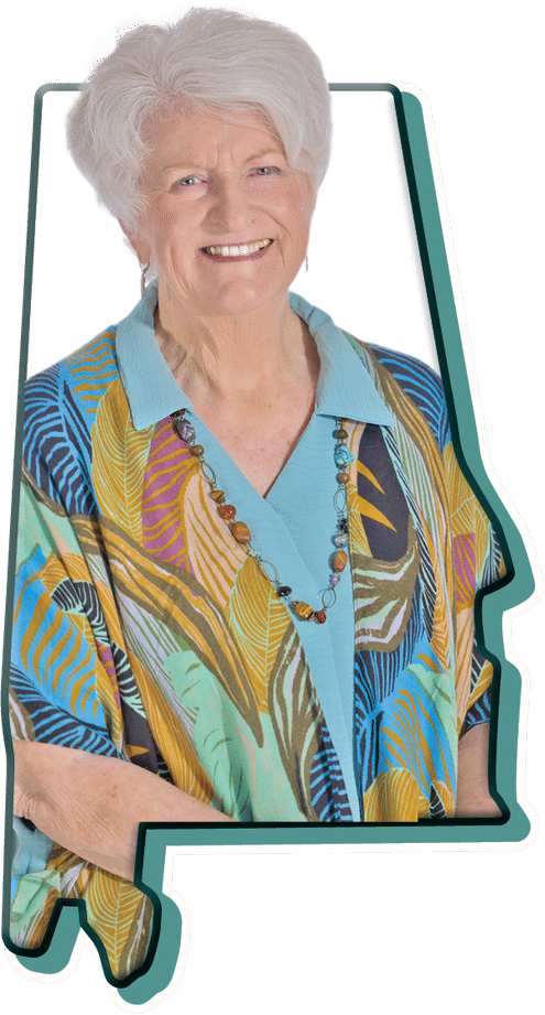 A portrait of a smiling member framed inside the outline of the state of Alabama.