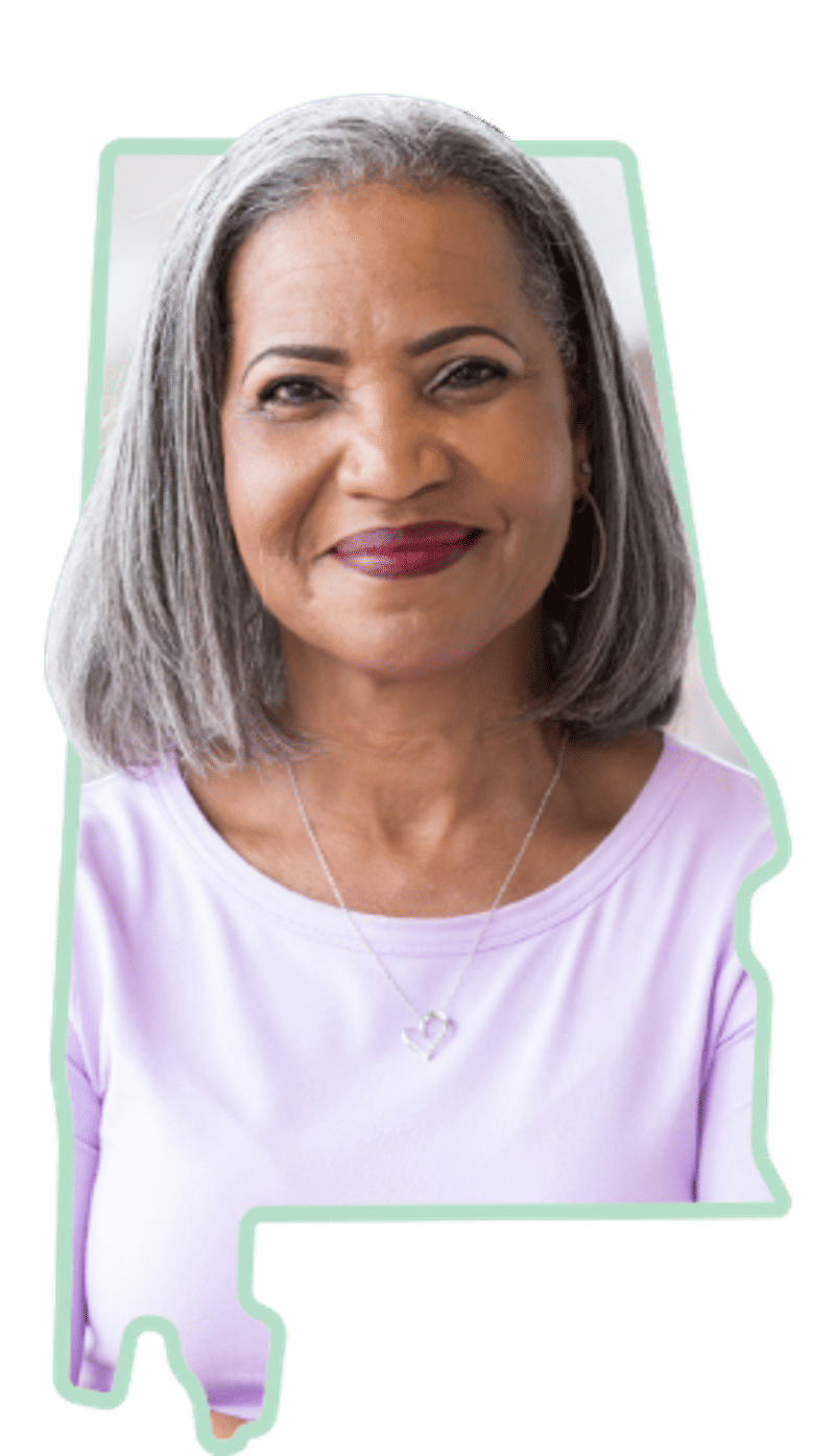 A portrait of a smiling member framed inside the outline of the state of Alabama.