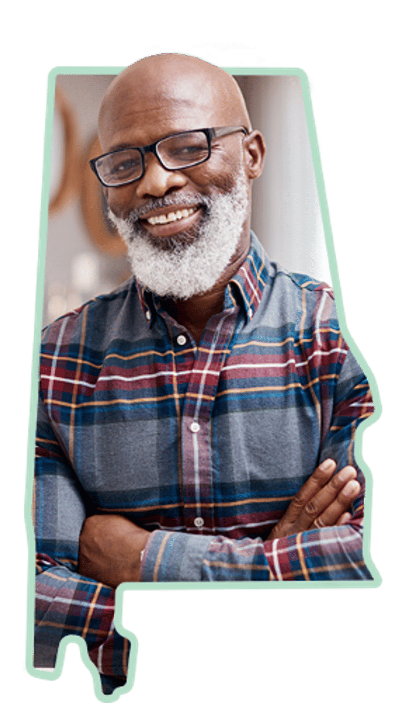 A portrait of a smiling member framed inside the outline of the state of Alabama.