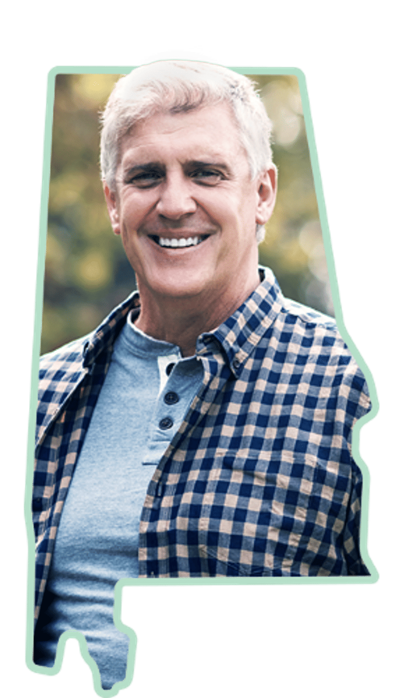 A portrait of a smiling member framed inside the outline of the state of Alabama.