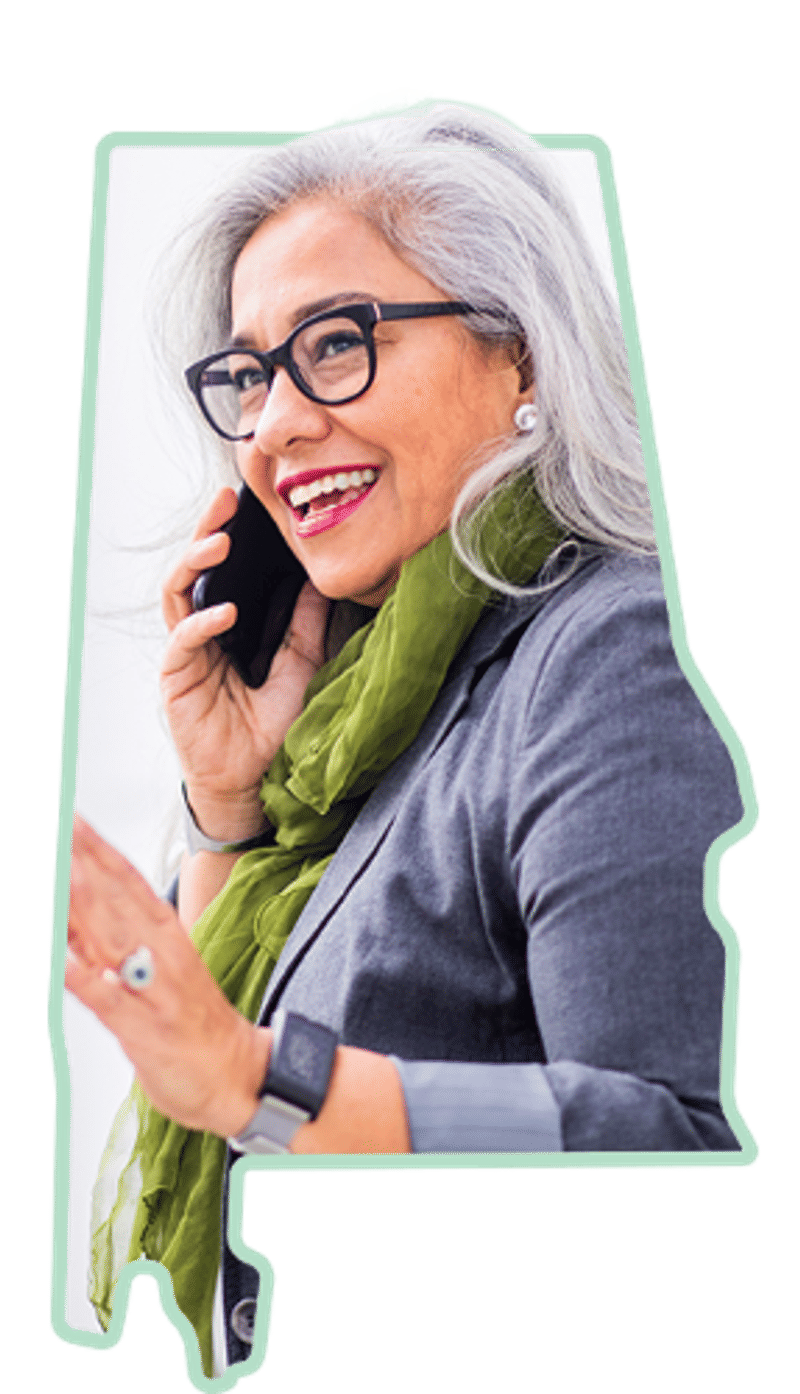 A portrait of a smiling member framed inside the outline of the state of Alabama.