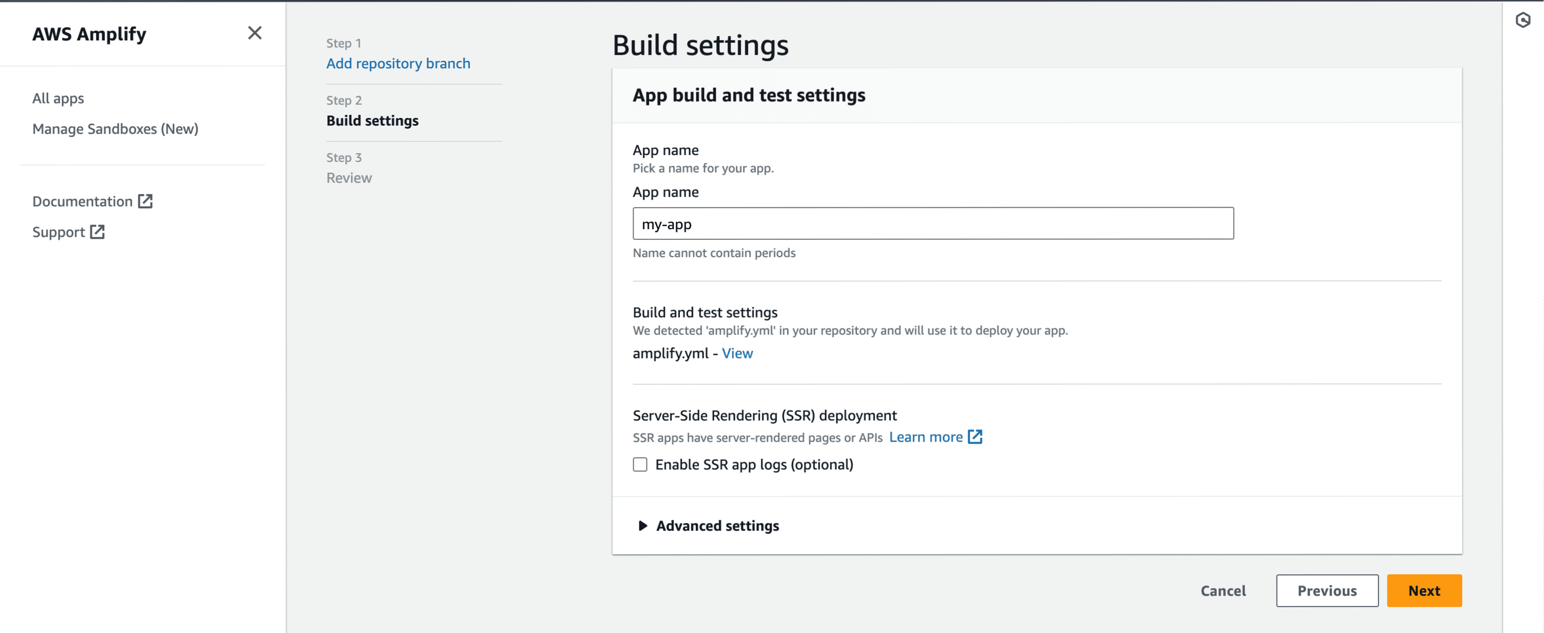 Name the project in AWS Amplify