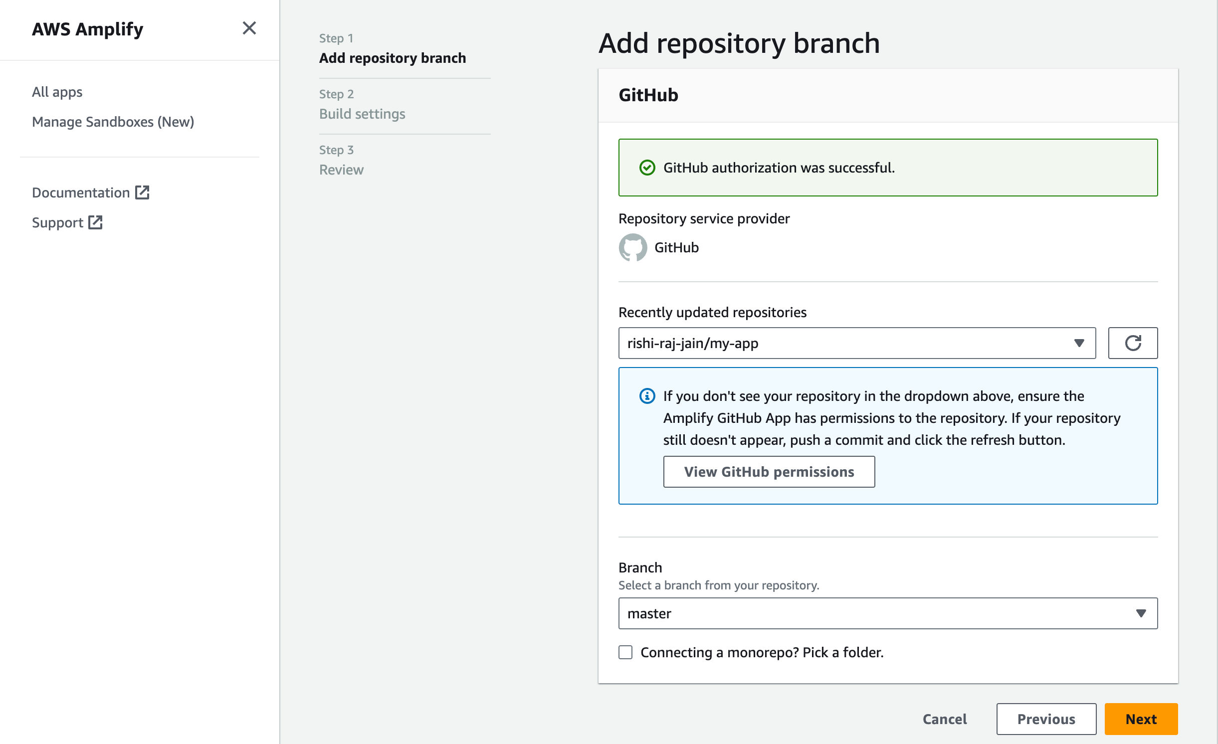 Link Repo in AWS Amplify