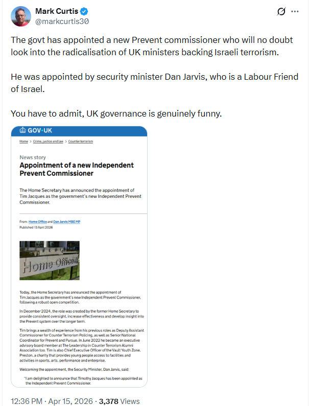 Mark Curtis: The govt has appointed a new Prevent commissioner…