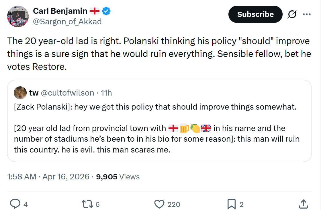 Carl Benjamin: The 20 year-old lad is right…