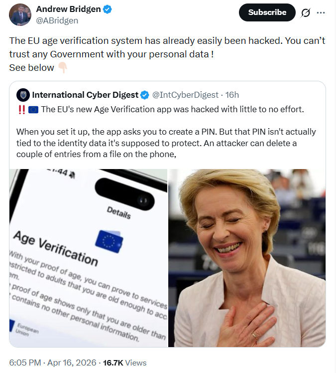 Andrew Bridgen: The EU age verification system…