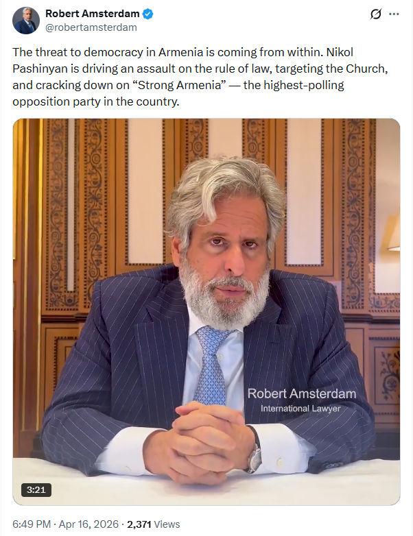 Robert Amsterdam: The threat to democracy in Armenia…