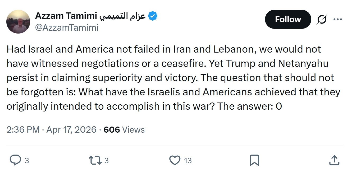 Azzam Tamimi: Had Israel and America not failed…
