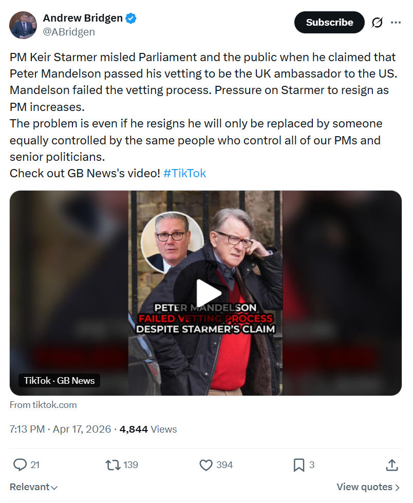 Andrew Bridgen: PM Keir Starmer misled Parliament…