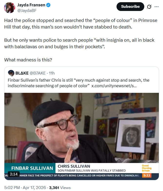 Jayda Fransen: Had the police stopped and searched the “people of colour”…