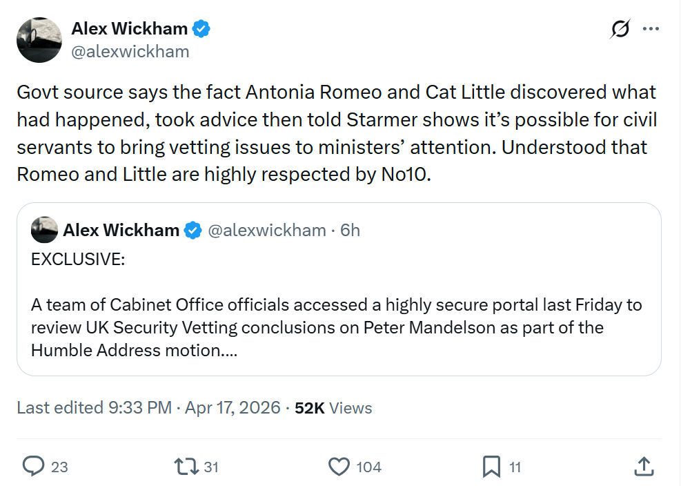 Alex Wickham: Govt source says the fact Antonia Romeo and Cat Little…