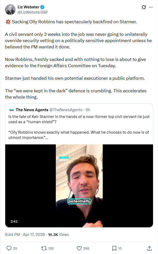 Liz Webster: Sacking Olly Robbins has spectacularly backfired on Starmer…