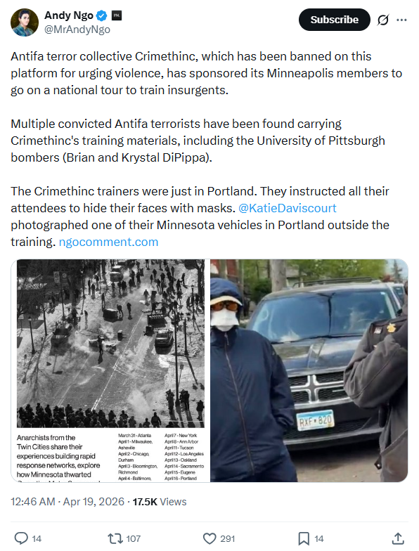 Andy Ngo: Antifa terror collective Crimethinc…