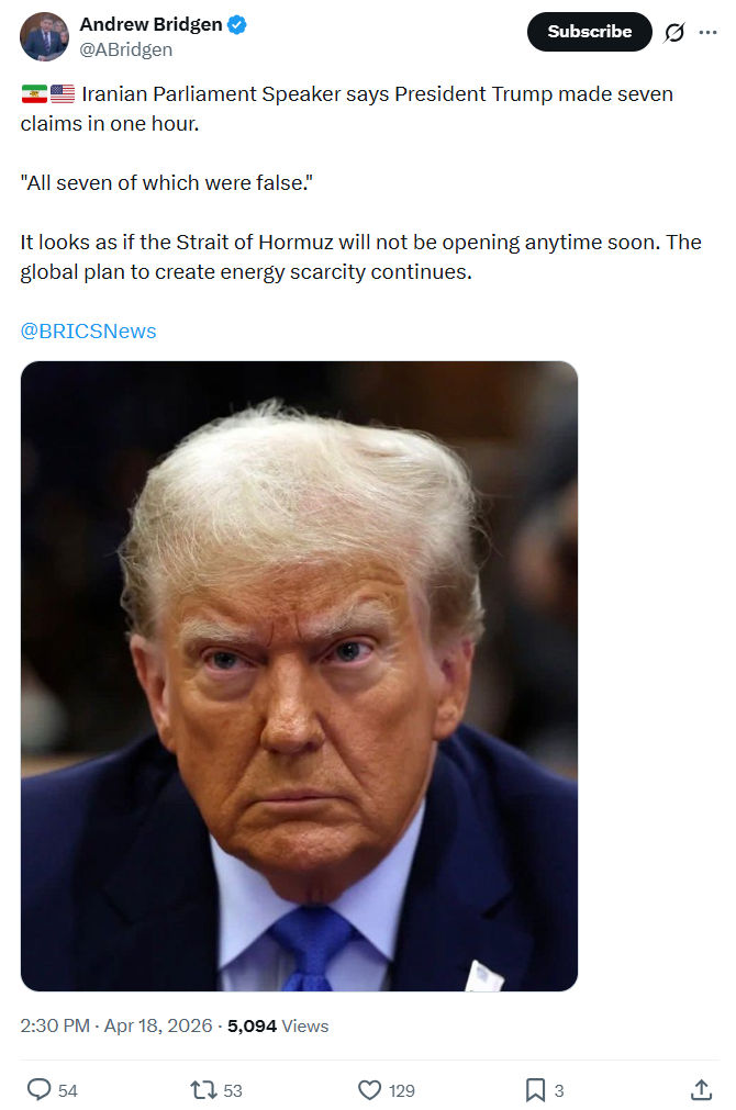 Andrew Bridgen: Iranian Parliament Speaker says President Trump…