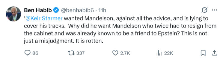 Ben Habib: @Keir_Starmer  wanted Mandelson…