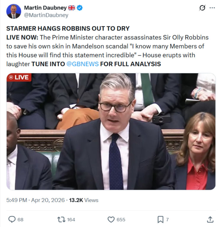 Martin Daubney: STARMER HANGS ROBBINS OUT TO DRY LIVE NOW…