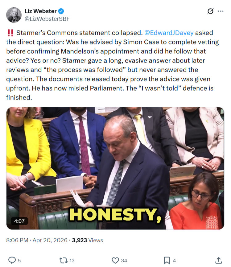 Liz Webster: Starmer’s Commons statement collapsed…