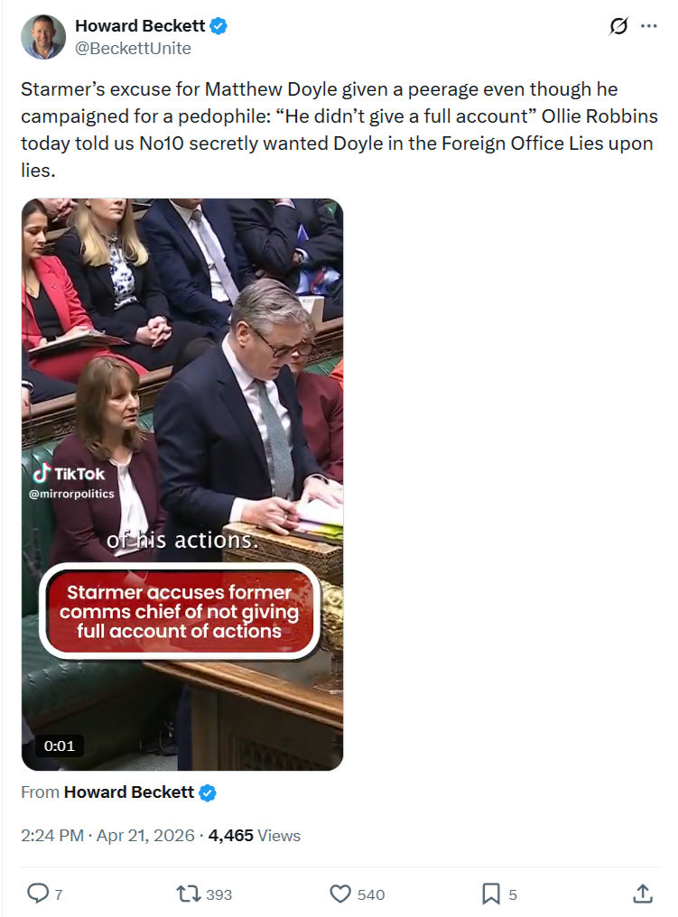 Howard Beckett: Starmer’s excuse for Matthew Doyle…