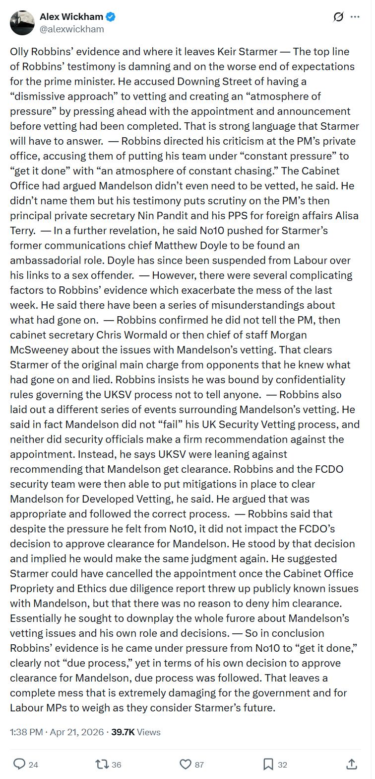 Alex Wickham: Olly Robbins’ evidence and where it leaves Keir Starmer…