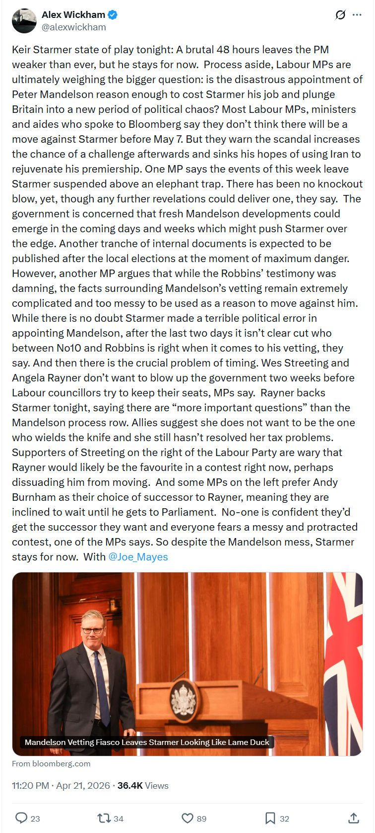 Alex Wickham: Keir Starmer state of play tonight…