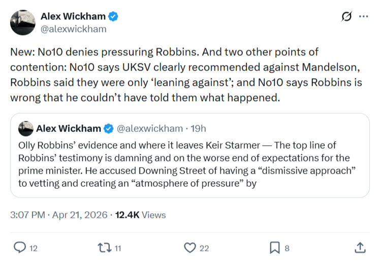 Alex Wickham: New: No10 denies pressuring Robbins…
